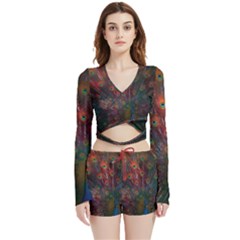 Peacock Feather Bird Velvet Wrap Crop Top And Shorts Set by Bedest