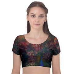 Peacock Feather Bird Velvet Short Sleeve Crop Top  by Bedest