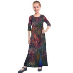 Peacock Feather Bird Kids  Quarter Sleeve Maxi Dress