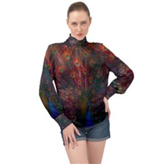 Peacock Feather Bird High Neck Long Sleeve Chiffon Top