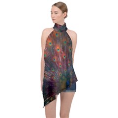 Peacock Feather Bird Halter Asymmetric Satin Top by Bedest