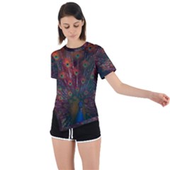 Peacock Feather Bird Asymmetrical Short Sleeve Sports T-shirt by Bedest