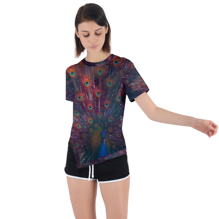 Peacock Feather Bird Asymmetrical Short Sleeve Sports T-Shirt