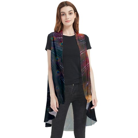 Peacock Feather Bird Sleeveless Chiffon Waistcoat Shirt by Bedest