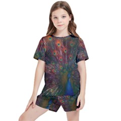 Peacock Feather Bird Kids  T-shirt And Sports Shorts Set by Bedest