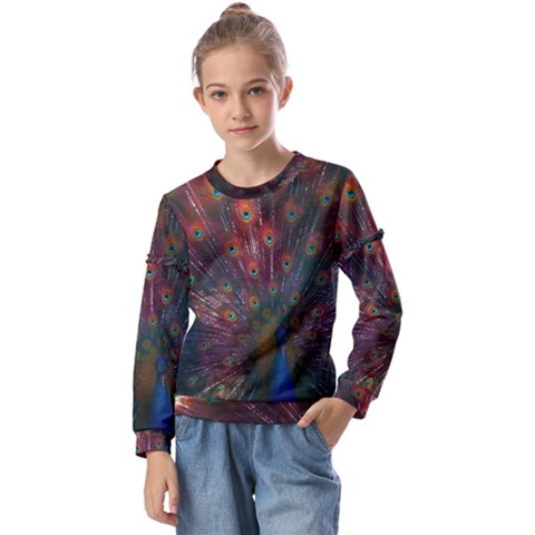 Peacock Feather Bird Kids  Long Sleeve T-shirt With Frill  by Bedest