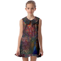 Peacock Feather Bird Kids  Pilgrim Collar Ruffle Hem Dress by Bedest