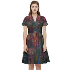 Peacock Feather Bird Short Sleeve Waist Detail Dress by Bedest