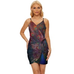 Peacock Feather Bird Wrap Tie Front Dress by Bedest