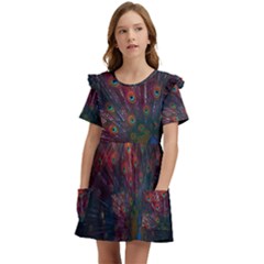 Peacock Feather Bird Kids  Frilly Sleeves Pocket Dress by Bedest