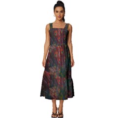 Peacock Feather Bird Square Neckline Tiered Midi Dress by Bedest