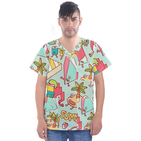 Summer Up Cute Doodle Men s V-neck Scrub Top by Bedest