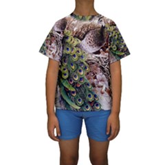 Japanese Painting Flower Peacock Kids  Short Sleeve Swimwear by Bedest