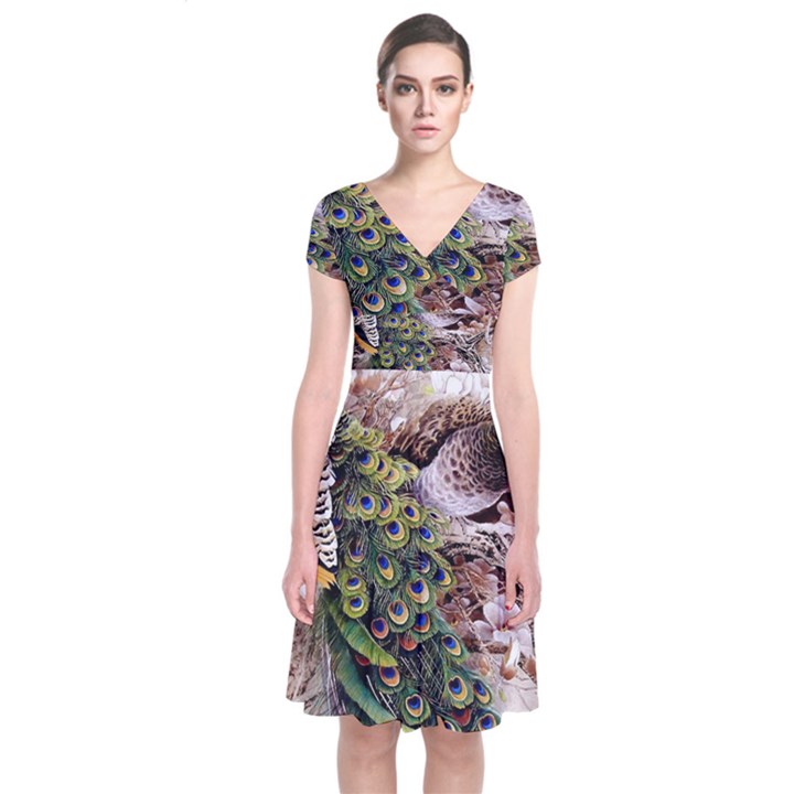 Japanese Painting Flower Peacock Short Sleeve Front Wrap Dress