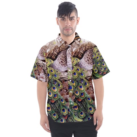 Japanese Painting Flower Peacock Men s Short Sleeve Shirt by Bedest