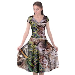 Japanese Painting Flower Peacock Cap Sleeve Wrap Front Dress