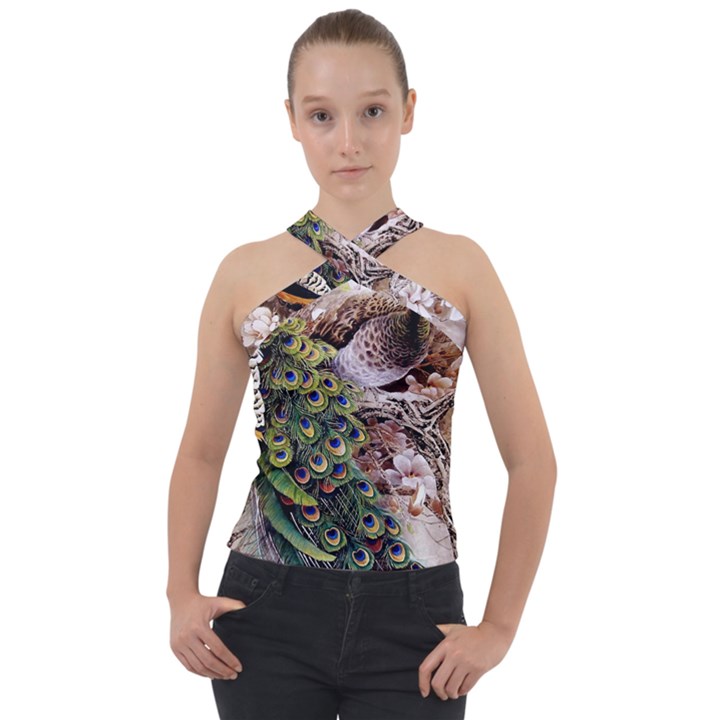 Japanese Painting Flower Peacock Cross Neck Velour Top