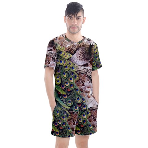 Japanese Painting Flower Peacock Men s Mesh T-shirt And Shorts Set by Bedest