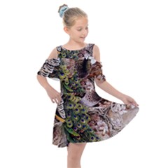 Japanese Painting Flower Peacock Kids  Shoulder Cutout Chiffon Dress