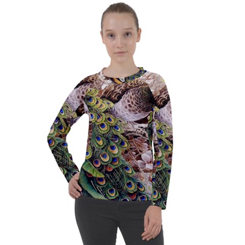 Japanese Painting Flower Peacock Women s Long Sleeve Raglan T-shirt by Bedest