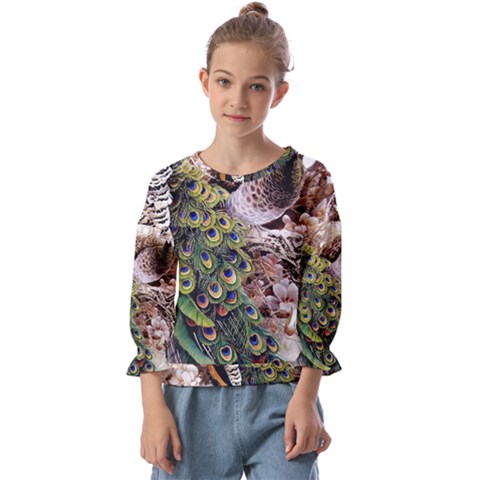 Japanese Painting Flower Peacock Kids  Cuff Sleeve Top by Bedest