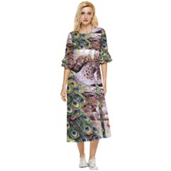 Japanese Painting Flower Peacock Double Cuff Midi Dress by Bedest