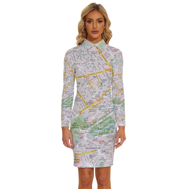 London City Map Long Sleeve Shirt Collar Bodycon Dress