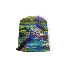 Peacocks  Fantasy Garden Drawstring Pouch (medium) by Bedest