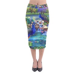 Peacocks  Fantasy Garden Velvet Midi Pencil Skirt by Bedest