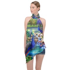 Peacocks  Fantasy Garden Halter Asymmetric Satin Top by Bedest