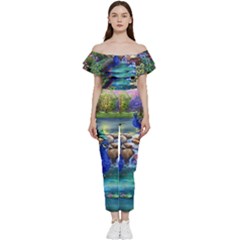 Peacocks  Fantasy Garden Bardot Ruffle Jumpsuit by Bedest