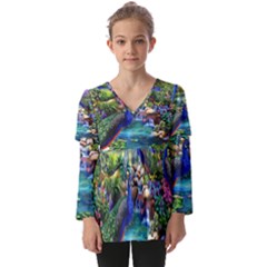 Peacocks  Fantasy Garden Kids  V Neck Casual Top by Bedest