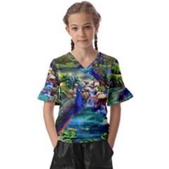 Peacocks  Fantasy Garden Kids  V-neck Horn Sleeve Blouse by Bedest