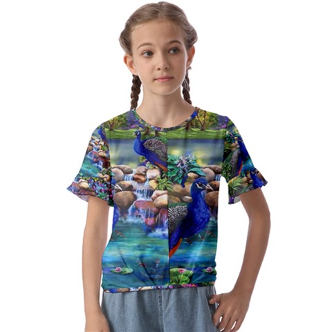 Peacocks  Fantasy Garden Kids  Cuff Sleeve Scrunch Bottom T-shirt by Bedest