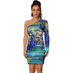 Peacocks  Fantasy Garden Long Sleeve One Shoulder Mini Dress by Bedest