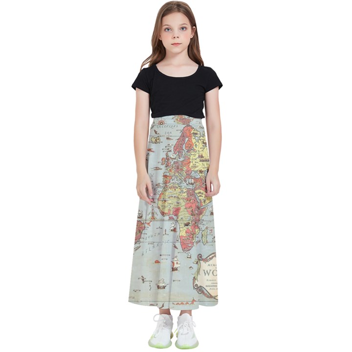 Vintage Old Antique World Map Kids  Flared Maxi Skirt