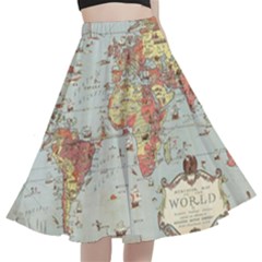 Vintage Old Antique World Map A-line Full Circle Midi Skirt With Pocket