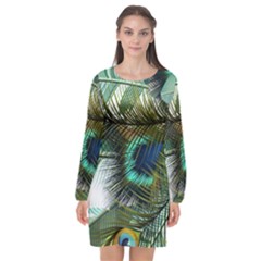 Peacock Feathers Long Sleeve Chiffon Shift Dress  by Bedest