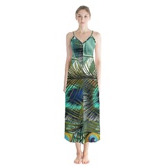 Peacock Feathers Button Up Chiffon Maxi Dress by Bedest