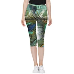 Peacock Feathers Inside Out Lightweight Velour Capri Leggings  by Bedest