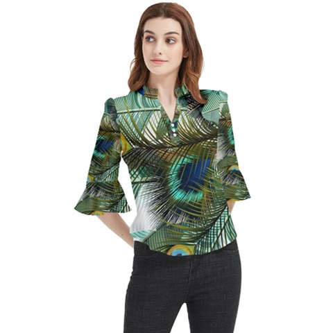 Peacock Feathers Loose Horn Sleeve Chiffon Blouse by Bedest