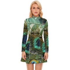 Peacock Feathers Long Sleeve Velour Longline Dress by Bedest