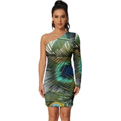 Peacock Feathers Long Sleeve One Shoulder Mini Dress by Bedest