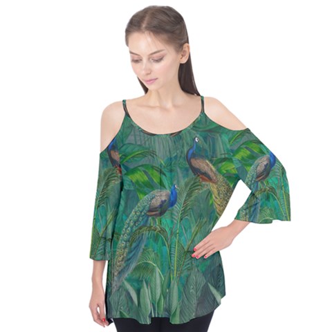 Peacock Paradise Jungle Flutter Sleeve T-shirt  by Bedest