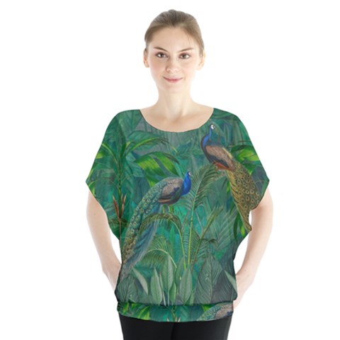 Peacock Paradise Jungle Batwing Chiffon Blouse by Bedest