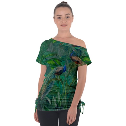 Peacock Paradise Jungle Off Shoulder Tie-up T-shirt by Bedest