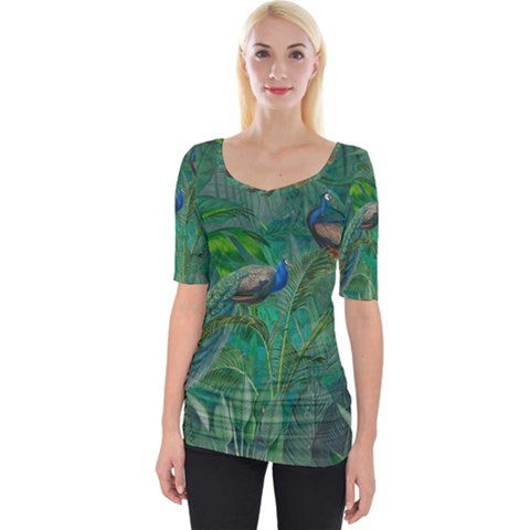 Peacock Paradise Jungle Wide Neckline T-shirt by Bedest