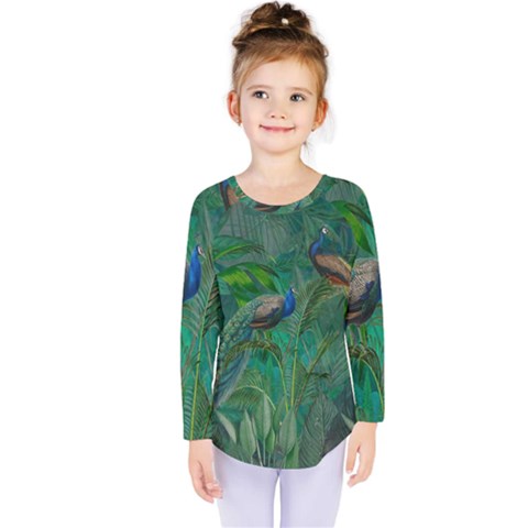 Peacock Paradise Jungle Kids  Long Sleeve T-shirt by Bedest