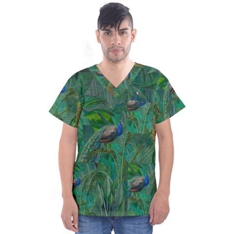 Peacock Paradise Jungle Men s V-neck Scrub Top by Bedest