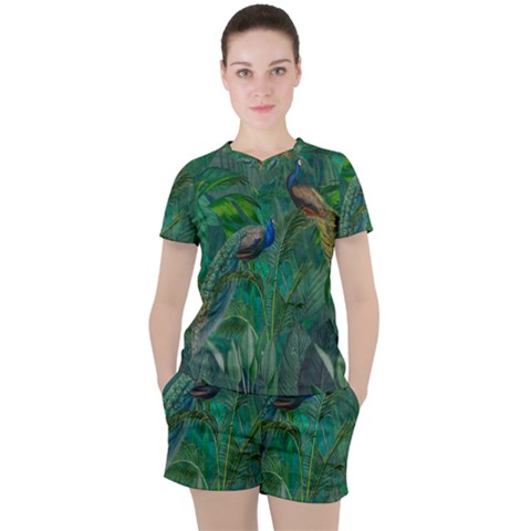 Peacock Paradise Jungle Women s T-shirt And Shorts Set by Bedest